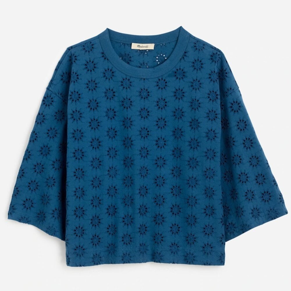 NWT Madewell Boxy Tee XXS Embroidered Wide-Sleeve Sunfaded Blue Relaxed Floral